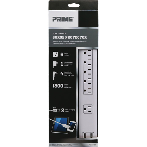 USB Charging Surge Protectors, 6 Outlets, 1800 J, 1875 W, 4' Cord Equipex
