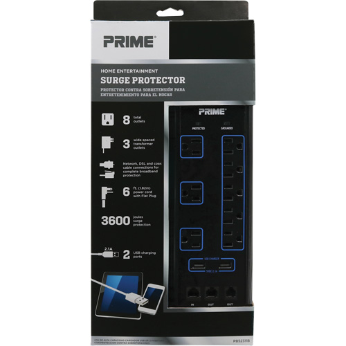 Limiteurs de surtension avec chargeur USB, 8 Prises, 3600 J, 1875 W, Cordon 6' Equipex