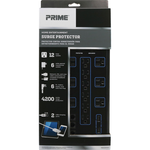 Limiteurs de surtension avec chargeur USB, 12 Prises, 4200 J, 1875 W, Cordon 6' Equipex