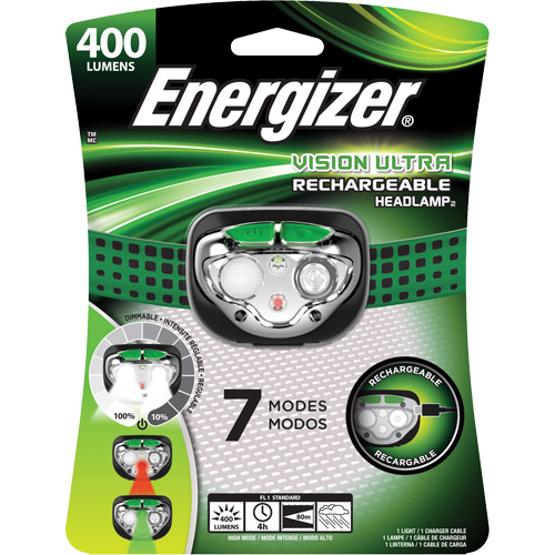 Vision Ultra Headlight, LED, 400 Lumens, 4 Hrs. Run Time, Rechargeable Batteries Equipex
