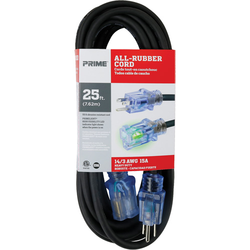 All-Rubber Extension Cord, Outdoor, SJOOW, 14/3 AWG, 15 A, 25' Equipex