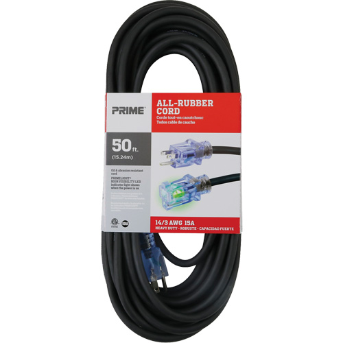 All-Rubber Extension Cord, Outdoor, SJOOW, 14/3 AWG, 15 A, 50' Equipex