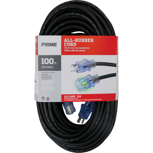 Cordon rallonge All-Rubber, Ext&eacute;rieur, SJOOW, AWG 12/3, 15 A, 100' Equipex