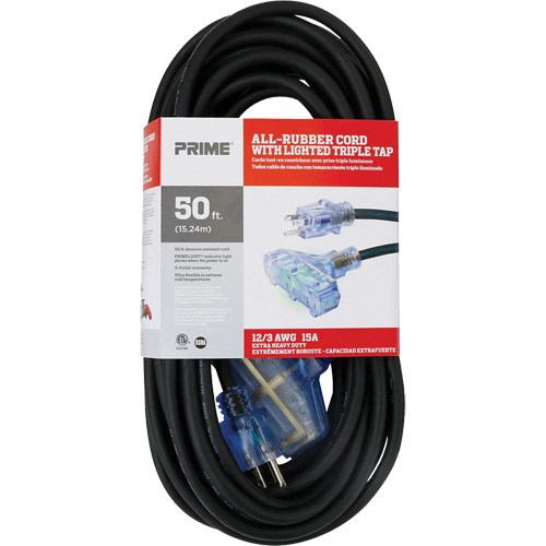 Cordon rallonge All-Rubber, Ext&eacute;rieur, SJOOW, AWG 12/3, 15 A, 3 prise(s), 50' Equipex