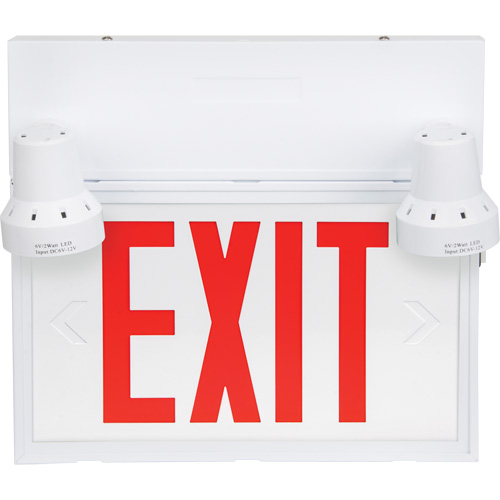 Exit Sign with Security Lights, LED, Battery Operated/Hardwired, 12-1/10" L x 11" W, English Equipex