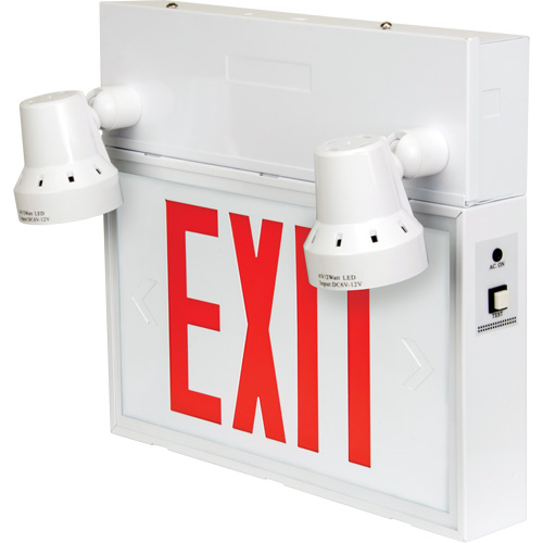 Exit Sign with Security Lights, LED, Battery Operated/Hardwired, 12-1/10" L x 11" W, English Equipex