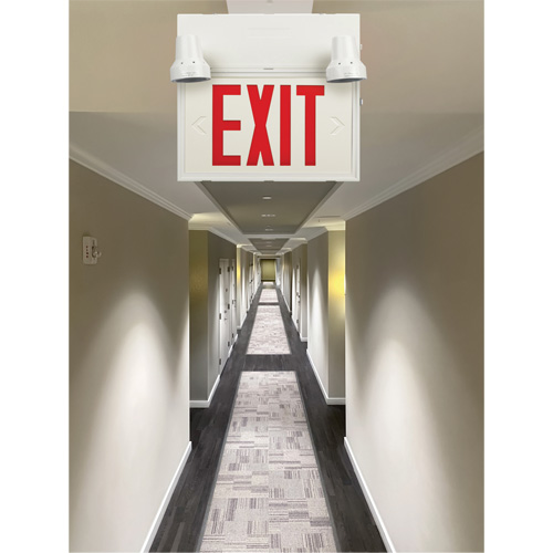 Exit Sign with Security Lights, LED, Battery Operated/Hardwired, 12-1/10" L x 11" W, English Equipex