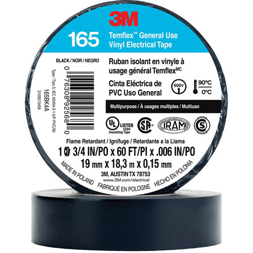 Ruban isolant en vinyle &agrave; usage g&eacute;n&eacute;ral Temflex 165, 19 mm (3/4") x 18 m (60'), Noir, 6 mils Equipex