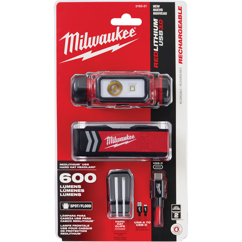 REDLITHIUM USB Hardhat Headlamp, LED, 600 Lumens, 5 Hrs. Run Time, Rechargeable Batteries Equipex
