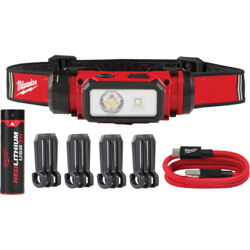REDLITHIUM USB Hardhat Headlamp, LED, 600 Lumens, 5 Hrs. Run Time, Rechargeable Batteries Equipex