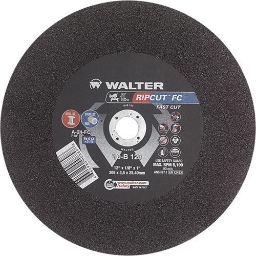Meule &agrave; tronçonner Ripcut II pour la coupe de l'acier inoxydable et l'acier sur scies fixes, 12" x 1/8", Arbre de 1", Type 1, Oxyde d'aluminium, 5100 Tr/min Equipex