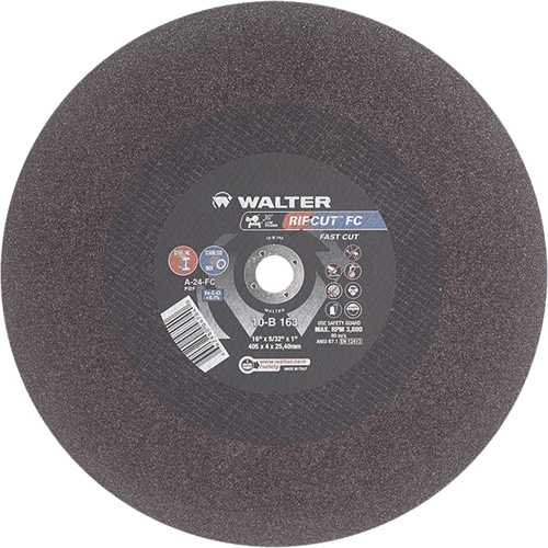 Meule &agrave; tronçonner Ripcut II pour la coupe de l'acier inoxydable et l'acier sur scies fixes, 16" x 5/32", Arbre de 1", Type 1, Oxyde d'aluminium, 3800 Tr/min Equipex