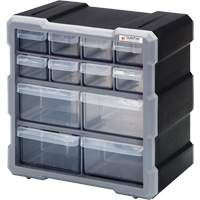 Drawer Cabinet, Plastic, 12 Drawers, 10-1/2" x 6-1/4" x 10-1/4", Black Equipex