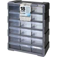 Drawer Cabinet, Plastic, 18 Drawers, 15" x 6-1/4" x 18-3/4", Black Equipex