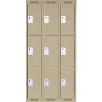 Clean Line Lockers, 3 -tier, Bank of 3, 36" x 18" x 72", Steel, Beige, Rivet (Assembled) Equipex