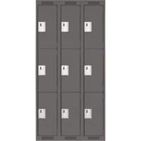 Clean Line Lockers, 3 -tier, Bank of 3, 36" x 18" x 72", Steel, Charcoal, Rivet (Assembled) Equipex