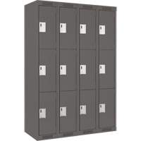 Clean Line Lockers, 3 -tier, Bank of 4, 48" x 18" x 72", Steel, Charcoal, Rivet (Assembled) Equipex