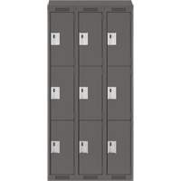 Clean Line Lockers, 3 -tier, Bank of 3, 36" x 18" x 78", Steel, Charcoal, Rivet (Assembled) Equipex
