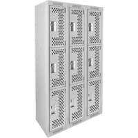 Clean Line Lockers, 3 -tier, Bank of 3, 36" x 12" x 72", Steel, Grey, Rivet (Assembled), Perforated Equipex