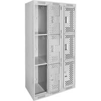 Clean Line Lockers, 3 -tier, Bank of 3, 36" x 12" x 72", Steel, Grey, Rivet (Assembled), Perforated Equipex