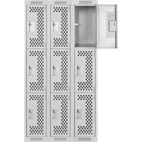 Clean Line Lockers, 3 -tier, Bank of 3, 36" x 12" x 72", Steel, Grey, Rivet (Assembled), Perforated Equipex