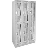 Clean Line Lockers, 2 -tier, Bank of 3, 36" x 12" x 76", Steel, Grey, Rivet (Assembled), Perforated Equipex