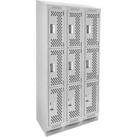 Clean Line Lockers, 3 -tier, Bank of 3, 36" x 15" x 82", Steel, Grey, Rivet (Assembled), Perforated Equipex