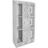 Clean Line Lockers, 3 -tier, Bank of 3, 36" x 15" x 82", Steel, Grey, Rivet (Assembled), Perforated Equipex