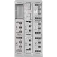 Clean Line Lockers, 3 -tier, Bank of 3, 36" x 15" x 82", Steel, Grey, Rivet (Assembled), Perforated Equipex