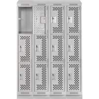 Clean Line Lockers, 3 -tier, Bank of 4, 48" x 15" x 82", Steel, Grey, Rivet (Assembled), Perforated Equipex