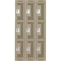 Clean Line Lockers, 3 -tier, Bank of 3, 36" x 12" x 72", Steel, Beige, Rivet (Assembled), Perforated Equipex