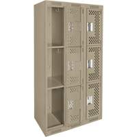 Clean Line Lockers, 3 -tier, Bank of 3, 36" x 12" x 72", Steel, Beige, Rivet (Assembled), Perforated Equipex