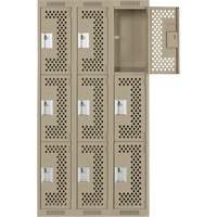 Clean Line Lockers, 3 -tier, Bank of 3, 36" x 12" x 72", Steel, Beige, Rivet (Assembled), Perforated Equipex