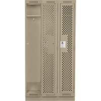 Clean Line Lockers, Bank of 3, 36" x 15" x 76", Steel, Beige, Rivet (Assembled), Perforated Equipex
