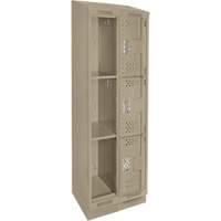 Clean Line Lockers, 3 -tier, Bank of 2, 24" x 15" x 82", Steel, Beige, Rivet (Assembled), Perforated Equipex