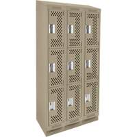 Clean Line Lockers, 3 -tier, Bank of 3, 36" x 15" x 82", Steel, Beige, Rivet (Assembled), Perforated Equipex