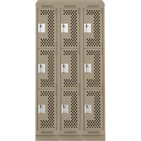 Clean Line Lockers, 3 -tier, Bank of 3, 36" x 15" x 82", Steel, Beige, Rivet (Assembled), Perforated Equipex
