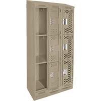 Clean Line Lockers, 3 -tier, Bank of 3, 36" x 15" x 82", Steel, Beige, Rivet (Assembled), Perforated Equipex