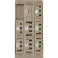Clean Line Lockers, 3 -tier, Bank of 3, 36" x 15" x 82", Steel, Beige, Rivet (Assembled), Perforated Equipex