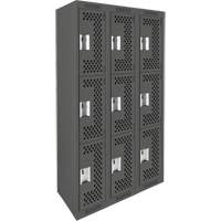 Clean Line Lockers, 3 -tier, Bank of 3, 36" x 12" x 72", Steel, Charcoal, Rivet (Assembled), Perforated Equipex