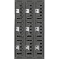 Clean Line Lockers, 3 -tier, Bank of 3, 36" x 12" x 72", Steel, Charcoal, Rivet (Assembled), Perforated Equipex