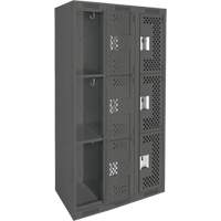 Clean Line Lockers, 3 -tier, Bank of 3, 36" x 12" x 72", Steel, Charcoal, Rivet (Assembled), Perforated Equipex
