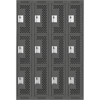 Clean Line Lockers, 3 -tier, Bank of 4, 48" x 12" x 72", Steel, Charcoal, Rivet (Assembled), Perforated Equipex