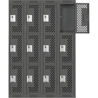 Clean Line Lockers, 3 -tier, Bank of 4, 48" x 12" x 72", Steel, Charcoal, Rivet (Assembled), Perforated Equipex
