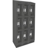 Clean Line Lockers, 3 -tier, Bank of 3, 36" x 15" x 82", Steel, Charcoal, Rivet (Assembled), Perforated Equipex