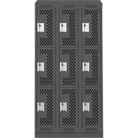 Clean Line Lockers, 3 -tier, Bank of 3, 36" x 15" x 82", Steel, Charcoal, Rivet (Assembled), Perforated Equipex