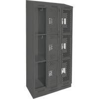 Clean Line Lockers, 3 -tier, Bank of 3, 36" x 15" x 82", Steel, Charcoal, Rivet (Assembled), Perforated Equipex