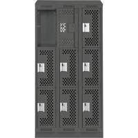 Clean Line Lockers, 3 -tier, Bank of 3, 36" x 15" x 82", Steel, Charcoal, Rivet (Assembled), Perforated Equipex