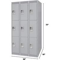 Lockers, 3 -tier, Bank of 3, 36" x 18" x 72", Steel, Grey, Knocked Down Equipex