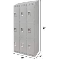 Lockers, 3 -tier, Bank of 3, 36" x 18" x 82", Steel, Grey, Knocked Down Equipex